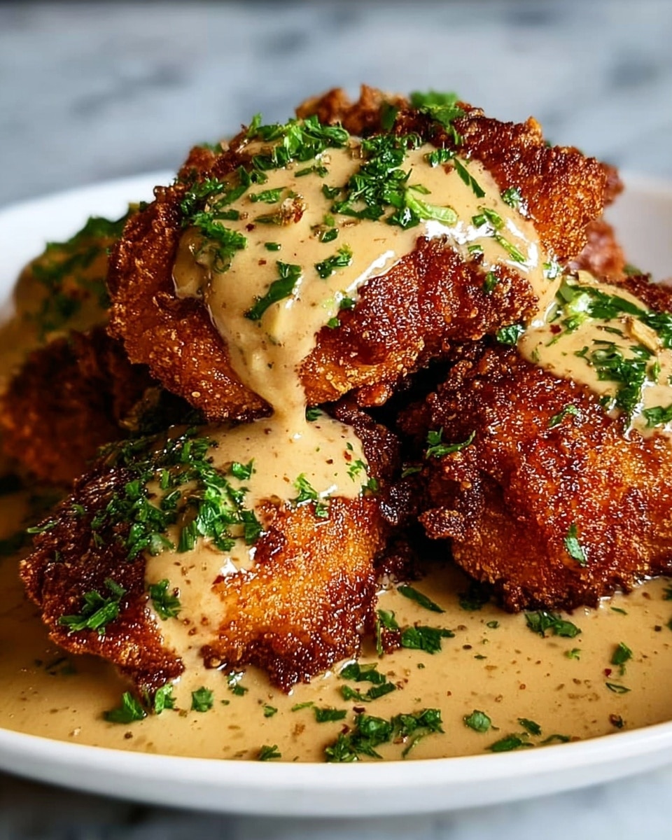 The image shows three pieces of crispy fried chicken with a rough, golden-brown crust, stacked closely together. Each piece is covered with a thick, creamy mustard-yellow sauce that drips down the sides. Small green herb bits are sprinkled over the sauce, adding color contrast. The dish sits on a white plate over a white marbled surface, highlighting the rich textures and colors of the chicken and sauce. photo taken with an iphone --ar 4:5 --v 7