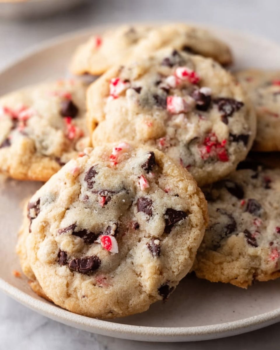 The image shows round cookies on a white plate with a close-up focus on one cookie in the front center. The cookie has a light golden-brown color with a slightly soft and chewy texture, filled with dark brown chocolate chips and small red candy bits spread evenly throughout. The cookies are thick, about one layer, with a slightly uneven surface and soft edges. The white marbled background adds a clean and simple look to the image. Photo taken with an iphone --ar 4:5 --v 7