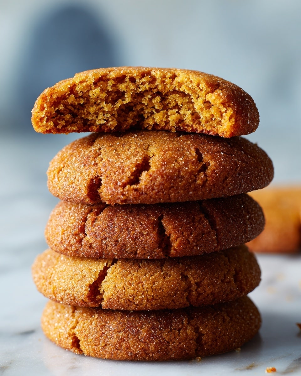 A stack of four golden brown cookies sits on a white marbled surface, with the top cookie split in half to show its soft, crumbly interior that is a deeper brown color. The cookies have a slightly cracked surface texture and look thick and chewy. The background is blurred with a faint blue shape, keeping the focus on the textured cookies in the center. Photo taken with an iphone --ar 4:5 --v 7