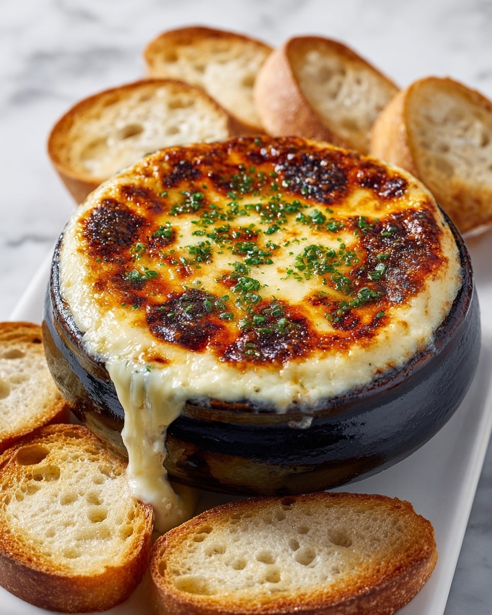 A dark round dish filled with a thick, golden-brown melted cheese layer on top, showing some crispy, slightly burnt spots and sprinkled green herbs. Beneath the browned top, creamy white cheese is oozing out from the edge, dripping down the side. Surrounding the dish are several slices of toasted bread, golden on the edges with a soft, porous inside. The dish sits on a white marbled surface. photo taken with an iphone --ar 4:5 --v 7