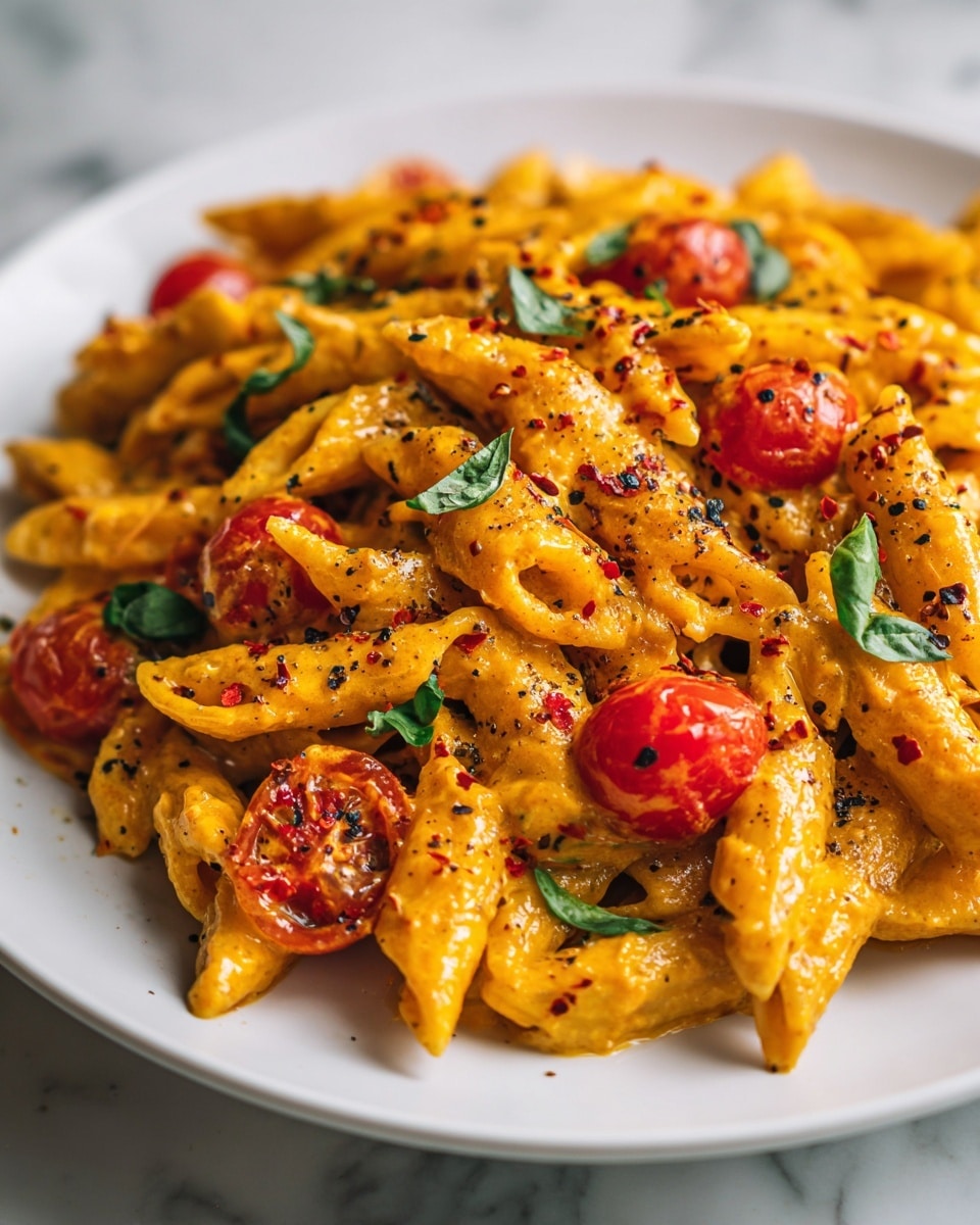 A close-up view of a white plate filled with creamy penne pasta coated in a rich orange-yellow sauce. The pasta is mixed with bright red cherry tomato halves scattered throughout, adding pops of color. Small green basil leaves are sprinkled on top, along with a light dusting of black pepper and red chili flakes for texture and visual interest. The sauce looks thick and smooth, clinging well to the ridged pasta. The plate sits on a white marbled surface, enhancing the colors of the dish. photo taken with an iphone --ar 4:5 --v 7