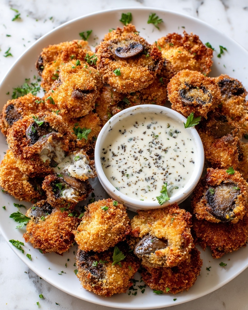 The image shows a white plate filled with many pieces of golden brown crispy fried mushrooms, each coated in a crunchy breading and garnished with small green parsley leaves. In the center of the plate is a white round bowl filled with creamy white dipping sauce with visible green and black herbs sprinkled on top. The plate is set on a white marbled surface. photo taken with an iphone --ar 4:5 --v 7