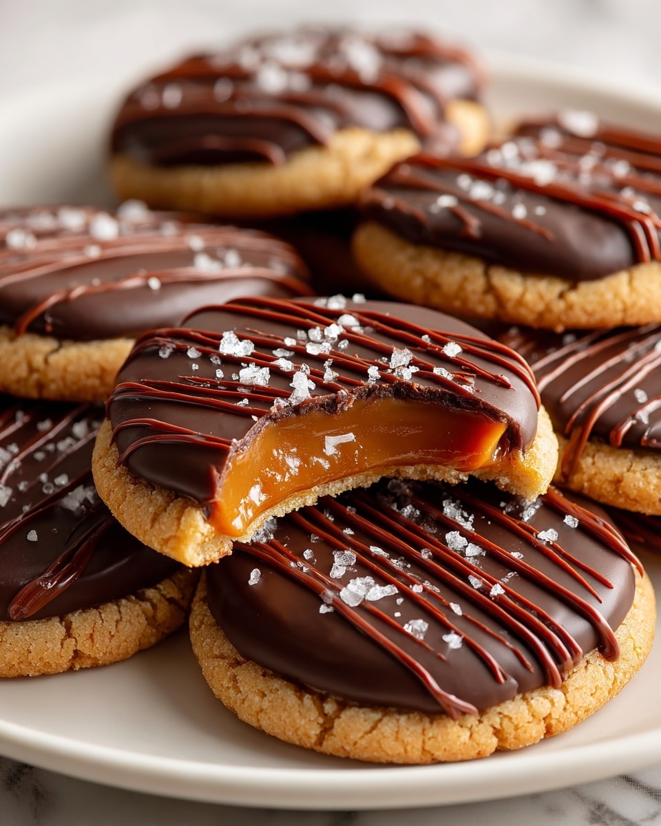 A close-up image shows several round cookies arranged on a white plate with a white marbled background. Each cookie has a light golden-brown base with a slightly cracked texture. On top of the base is a thick layer of smooth, shiny caramel, followed by a glossy layer of dark chocolate covering the caramel. The chocolate layer is decorated with thin darker chocolate lines drizzled across it. One cookie is bitten, revealing a gooey caramel center inside the golden base. Small pieces of coarse sea salt are scattered on top of the chocolate layer. Photo taken with an iphone --ar 4:5 --v 7