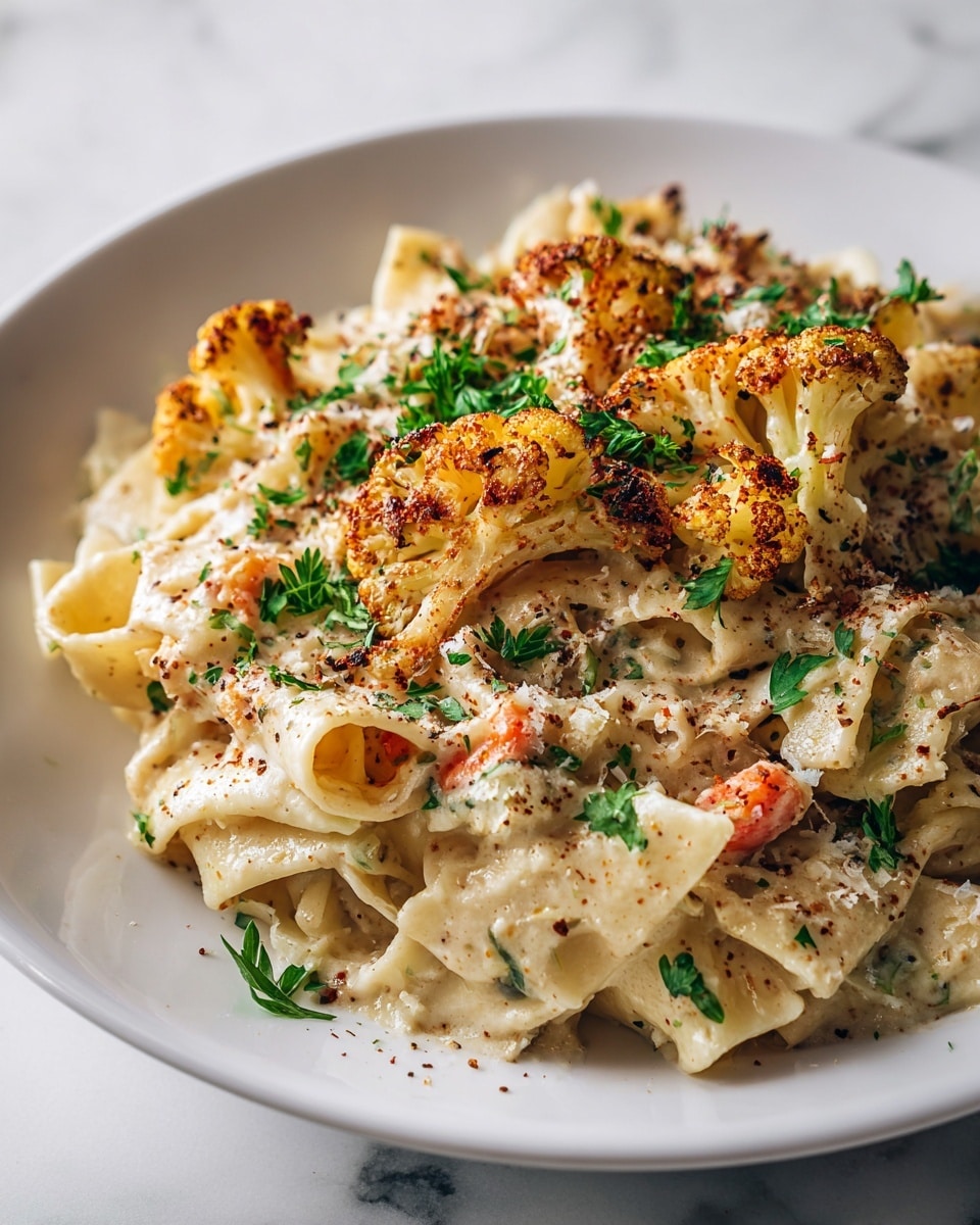 A close-up of a creamy cheesy pasta dish served on a white plate, featuring about three layers of wide, folded pasta coated in a rich, light beige sauce with small bits of finely chopped vegetables and herbs visible throughout. Scattered on top are golden brown roasted cauliflower pieces with a slightly crispy texture. The dish is sprinkled with small, fresh green parsley leaves, adding a pop of color, and some finely ground black pepper and paprika giving small dark and reddish specks, enhancing the visual depth. The plate sits on a white marbled surface. photo taken with an iphone --ar 4:5 --v 7