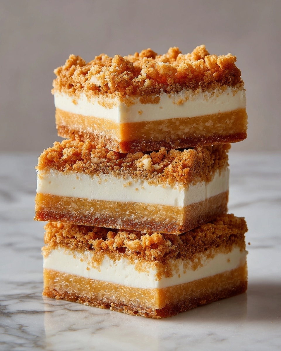 The image shows a stack of three thick dessert bars on a white marbled surface. Each bar has three layers: the bottom layer is a light golden brown crust with a firm texture, the middle layer is creamy white filling that appears smooth and slightly dense, and the top layer is a crumbly, golden brown streusel with small, coarse bits giving it a crunchy look. The bars are neatly stacked with the layers clearly visible from the side, showing the contrast between the soft filling and the crunchy top. The photo taken with an iphone --ar 4:5 --v 7