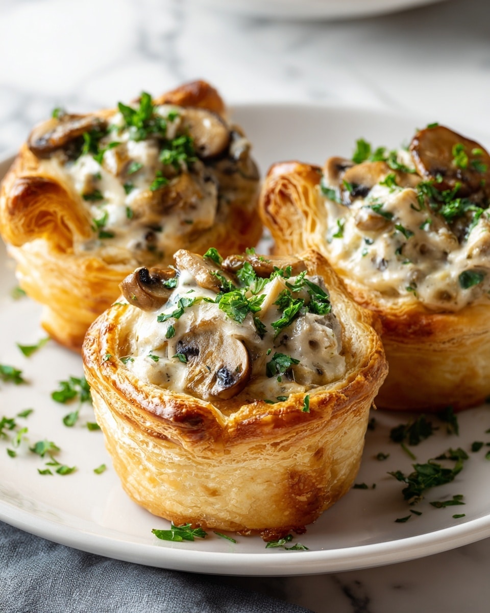 Three golden-brown puff pastry cups are filled with creamy mushroom sauce mixed with small mushroom pieces, topped with finely chopped green herbs. The pastries have flaky layers visible on the sides, and they are arranged closely on a white plate. The background is a white marbled surface giving a clean and bright look. The texture of the mushroom filling is smooth and thick, contrasting with the crispiness of the pastry. Photo taken with an iphone --ar 4:5 --v 7