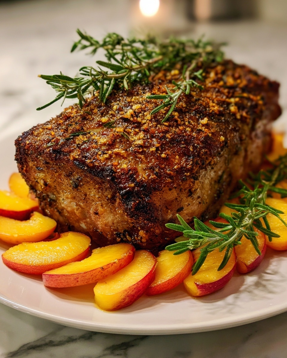 A juicy pork roast with a golden brown, crispy crust covered in herbs and spices sits on a white plate. Around the pork, there is a neat layer of sliced peaches showing yellow and orange colors with a soft texture. Fresh green sprigs of rosemary decorate the top of the pork, adding a touch of freshness. The plate rests on a white marbled surface. photo taken with an iphone --ar 4:5 --v 7