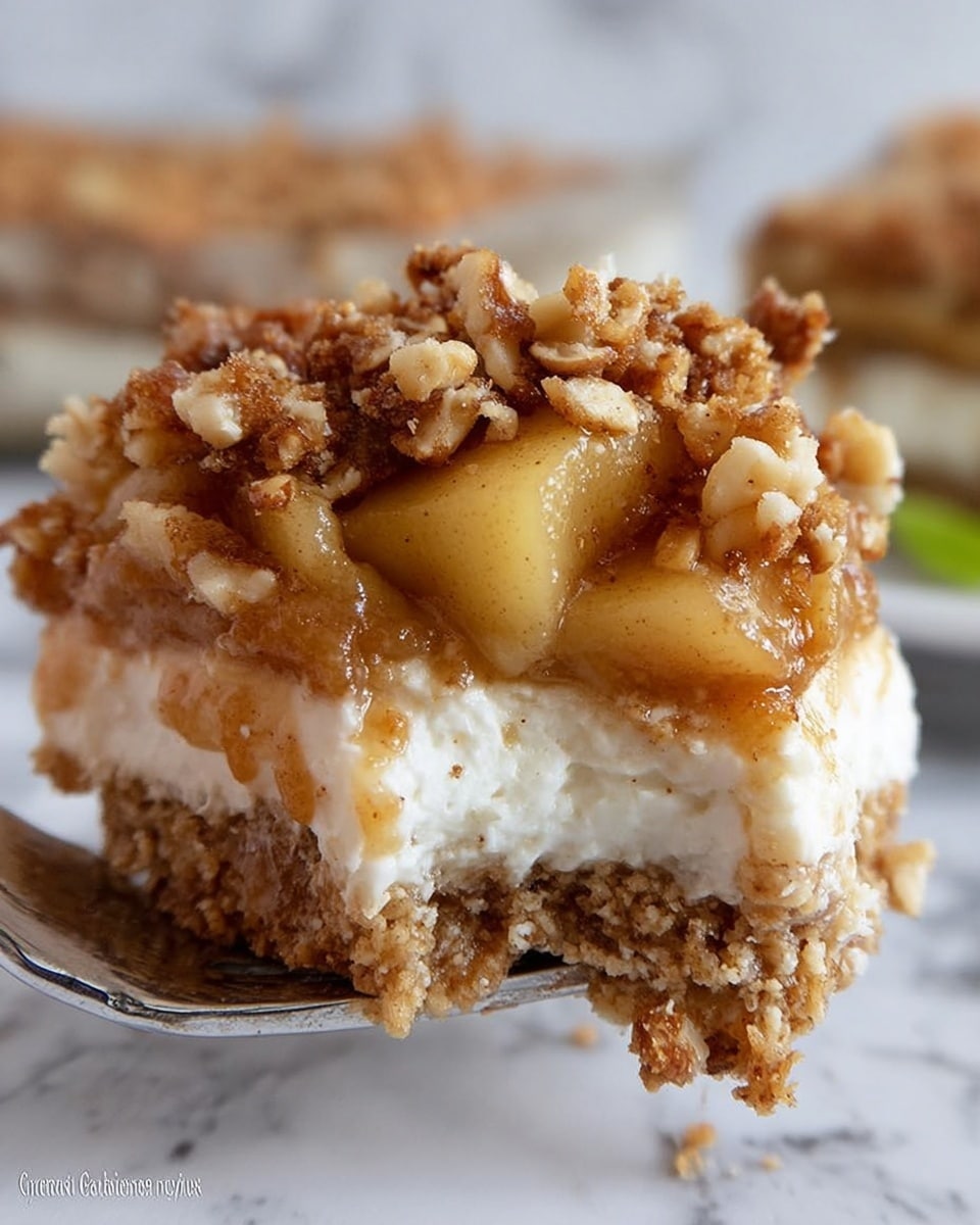 A close-up of a layered dessert square shows three clear layers: the bottom layer is a crumbly, golden-brown crust with a coarse texture and bits of nuts; the middle layer is thick and creamy, white and smooth; the top layer is a chunky, caramel-colored apple mixture with visible pieces of soft, light yellow apple and a generous topping of crushed nuts that add a crunchy texture. A fork lifts a bite of the dessert close to the camera, highlighting the contrast between the creamy middle and the textured topping. The background is softly blurred with a white marbled surface underneath. photo taken with an iphone --ar 4:5 --v 7