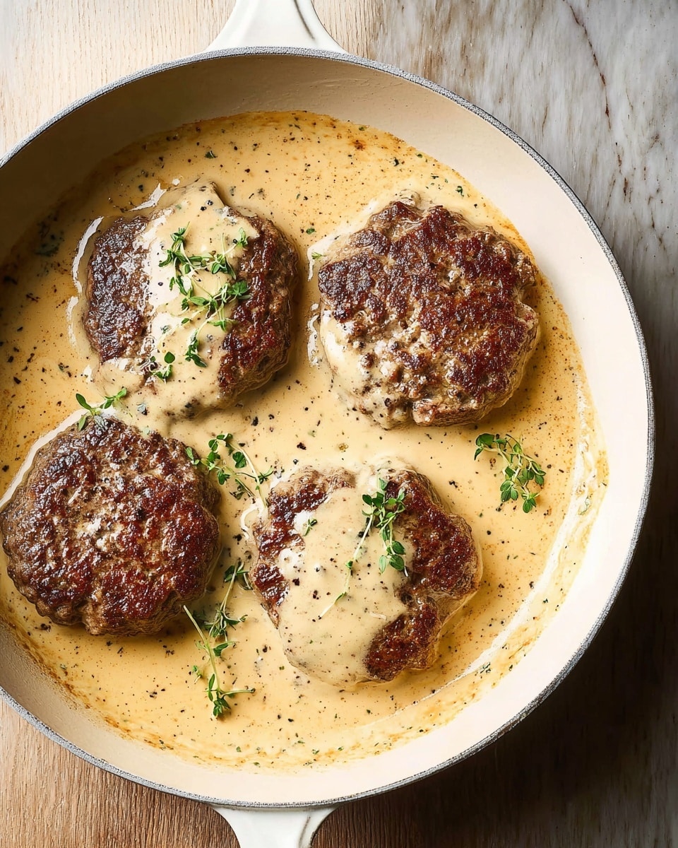 A white skillet contains four browned meat patties in a thick, creamy light beige sauce with small green herb specks. Each patty has a textured, seared surface with a slightly rough shape, and some sauce is dolloped on top, garnished with small sprigs of fresh green herbs. The sauce pools around the patties, showing a smooth and rich texture, with hints of black pepper specks. The skillet rests on a white marbled texture that contrasts softly with the warm tones of the dish. photo taken with an iphone --ar 4:5 --v 7