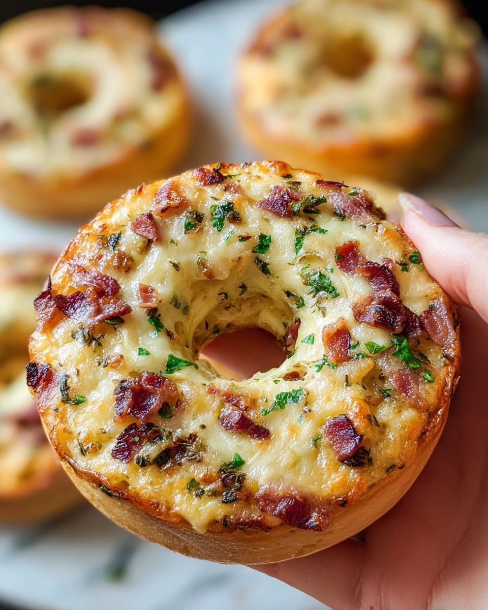 A close-up view of a golden brown bagel with an inside filled with melted cheese, small bits of crispy bacon, and green parsley leaves scattered on top. The bagel has a soft, fluffy texture with a slightly crispy crust. It is held by a woman's hand, showing the round shape and the doughy layers inside. In the background, more similar bagels rest on a dark surface, slightly blurred to keep focus on the one in front. photo taken with an iphone --ar 4:5 --v 7