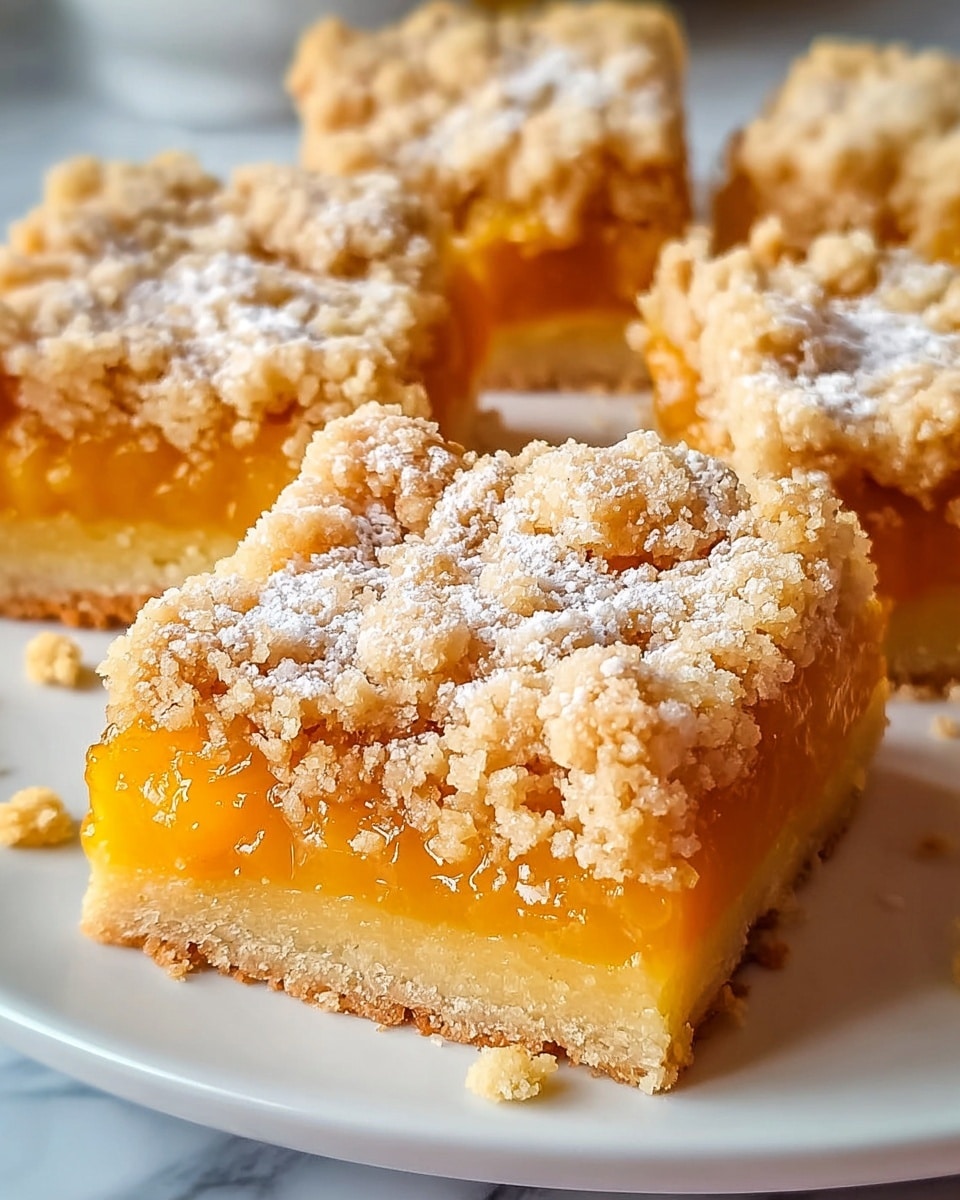 A close-up of square lemon crumb bars on a white plate set on a white marbled texture. Each bar has three layers: a firm light brown crumb base at the bottom, a smooth and shiny bright yellow lemon filling in the middle, and a crumbly golden brown topping sprinkled lightly with white powdered sugar on top. The crumb topping has a rough texture with uneven chunks, giving a crunchy look, and some crumbs are scattered on the plate around the bars. The focus is on the front bar with others blurred in the background. Photo taken with an iphone --ar 4:5 --v 7