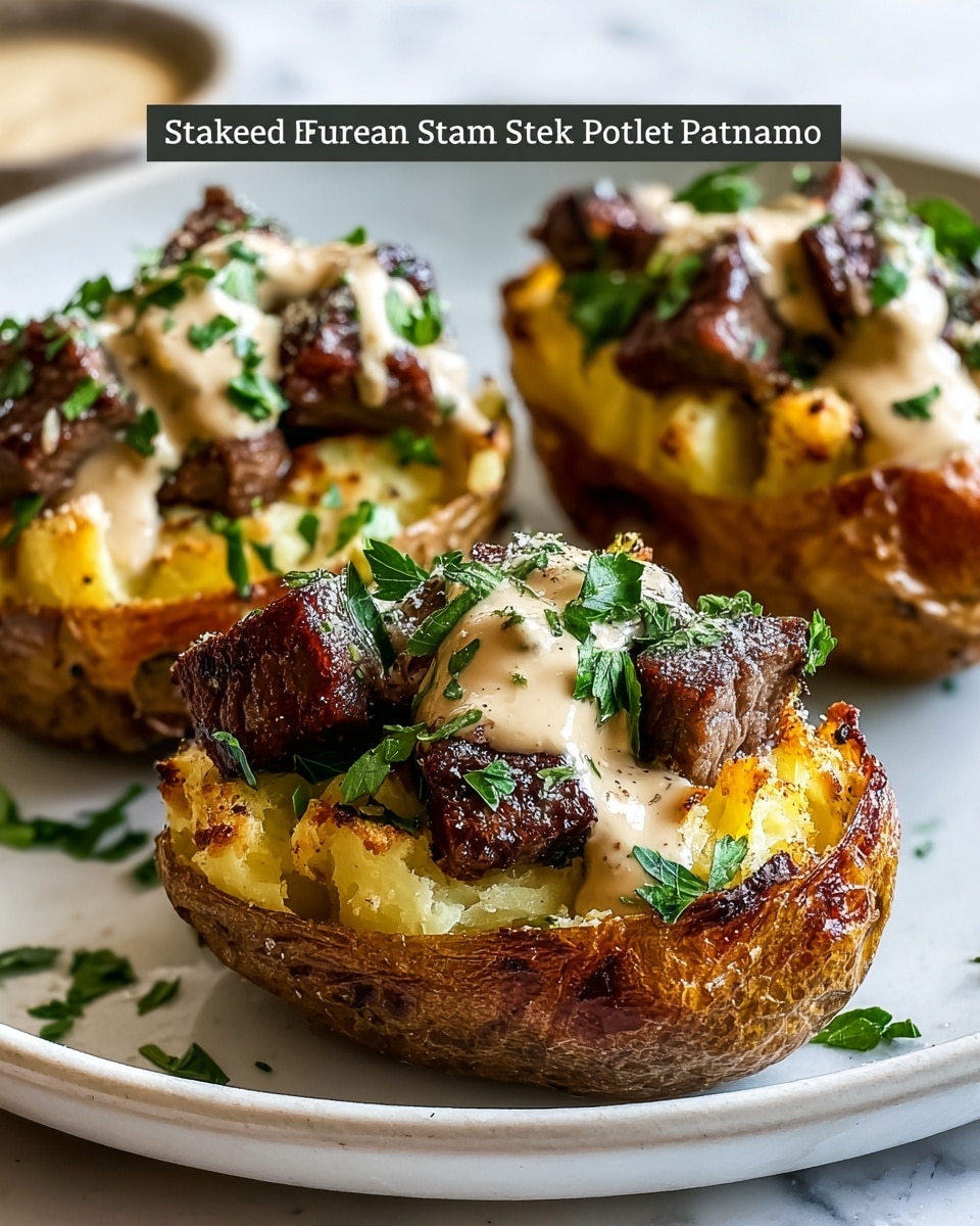 The image shows three baked potatoes cut in half and placed on a white plate, each with a crispy brown skin and soft yellow inside. Each potato half is stuffed with small grilled steak cubes that have a rich dark brown sear on the outside. On top of the steak and potato is a thick, creamy parmesan sauce that is pale yellow with green herb pieces sprinkled all over, adding a fresh touch. The sauce gently drips down the sides, creating a glossy, textured look. The white plate sits on a white marbled surface with a few scattered green herb bits around for decoration. Photo taken with an iphone --ar 4:5 --v 7