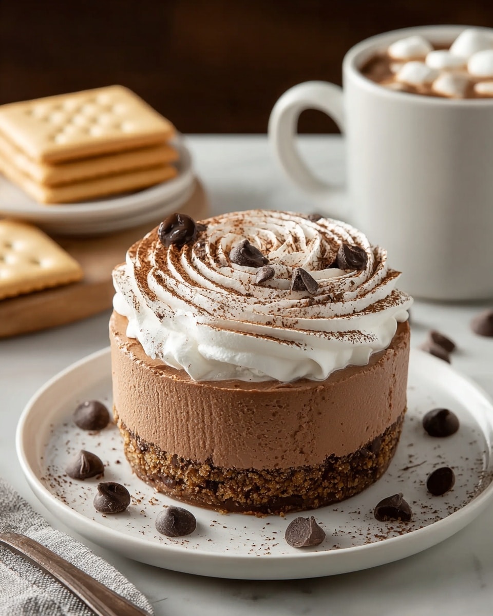 A small round dessert sits centered on a white plate. The dessert has three visible layers: a crumbly light brown base at the bottom, a thick smooth dark brown chocolate mousse in the middle, and a top layer of white whipped cream spiraled in a circular pattern. The whipped cream is lightly dusted with cocoa powder and scattered with dark chocolate chips. In the background, a white ceramic mug filled with hot chocolate topped with a marshmallow is slightly out of focus. Golden graham crackers and additional chocolate chips are placed around on a white marbled textured surface. photo taken with an iphone --ar 4:5 --v 7