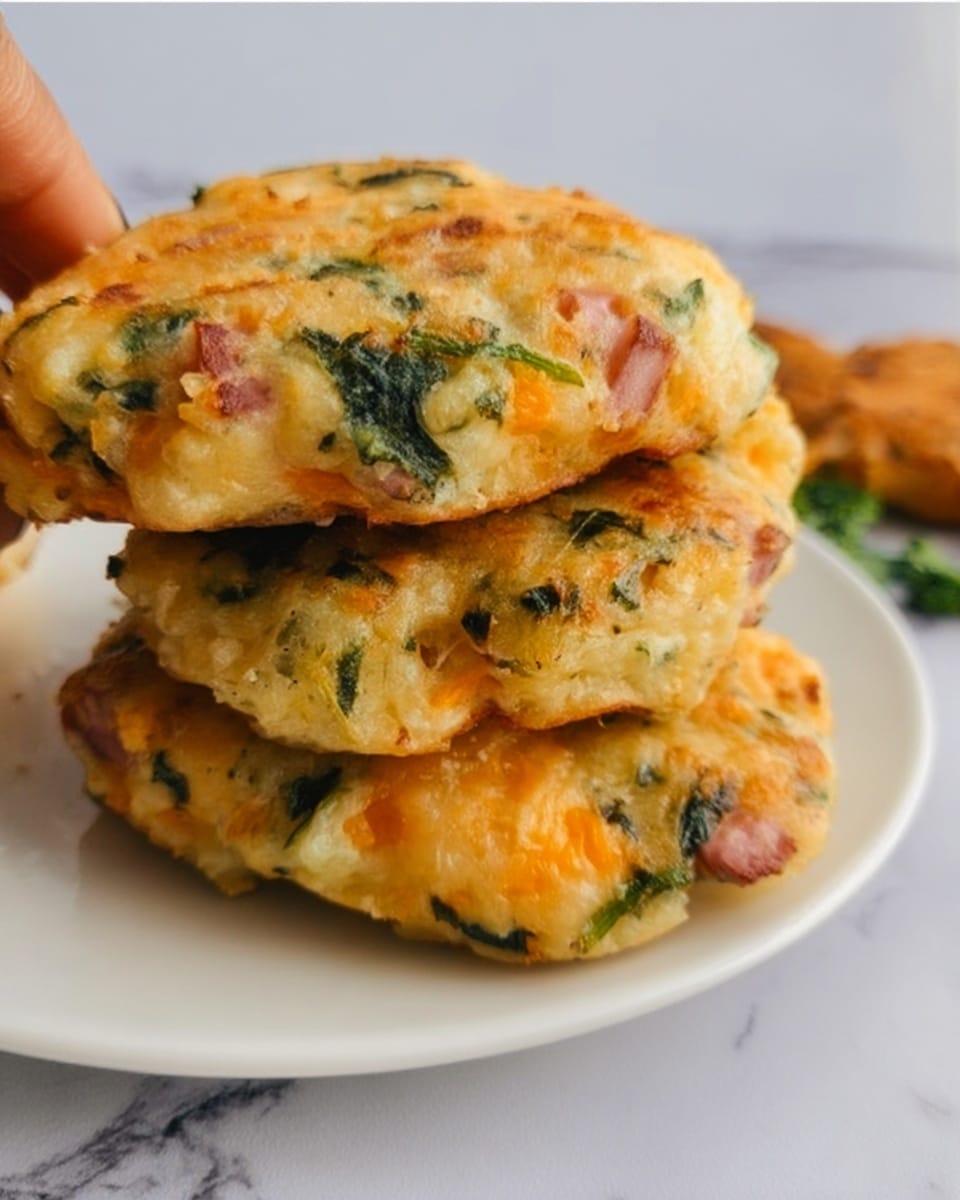 A stack of four thick, unevenly shaped fritters is shown, each with a golden-brown outer crust and a soft, creamy interior. The fritters have chunks of orange cheese, green spinach pieces, and small pink ham bits evenly spread throughout. They are stacked on top of each other on a white plate resting on a white marbled textured surface. In the background, part of a white plate is visible, slightly blurred. photo taken with an iphone --ar 4:5 --v 7