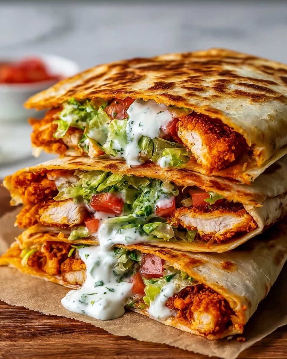The image shows a stack of two folded quesadillas cut in half, revealing layers inside. The outer layer is golden brown and crispy tortilla. Inside are crispy breaded chicken pieces with an orange-red coating stacked in layers. There is a mix of fresh green lettuce and bright red tomato chunks spread through the middle layer. Creamy white sauce with a slightly thick texture drips out between the layers. The quesadillas rest on a piece of brown paper on a wooden board with a white marbled texture background. Photo taken with an iphone --ar 4:5 --v 7