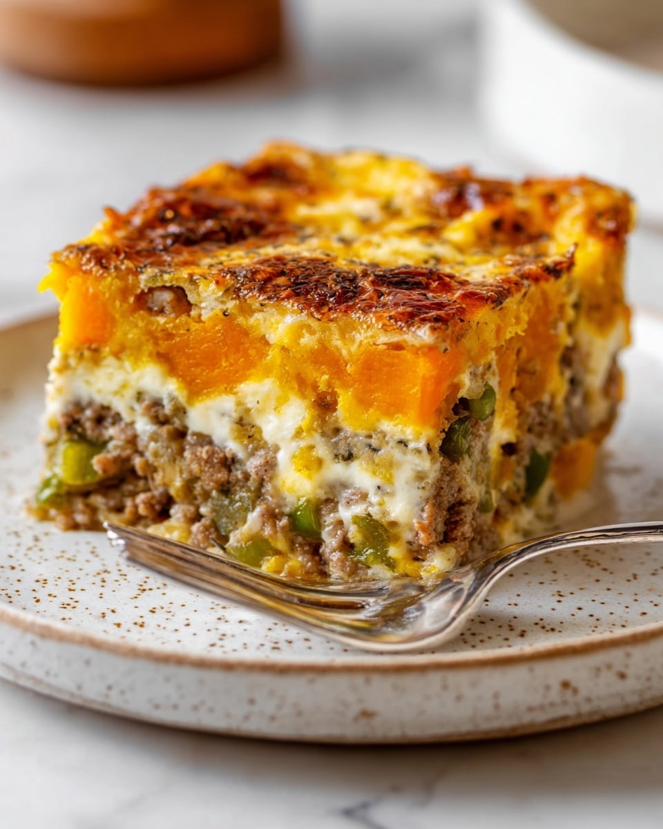 A close-up image of a square slice of a baked egg casserole on a white speckled plate, resting on a white marbled surface. The casserole has three visible layers: a top browned and slightly crispy layer with a golden-yellow tone, a middle layer full of yellow and orange chunks that look like roasted squash or sweet potato mixed with lighter creamy eggs, and a lower layer containing cooked ground meat pieces with bits of green vegetables scattered throughout. A silver fork lies next to the slice on the plate, and in the softly blurred background, another piece of casserole and a small round white bowl are visible. photo taken with an iphone --ar 4:5 --v 7
