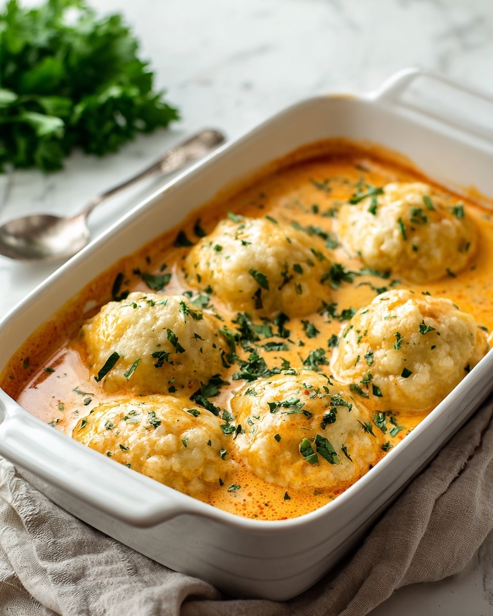 A white baking dish holds six dumplings arranged in two rows, partially submerged in a thick, creamy orange sauce. Each dumpling is golden on top with a slightly bumpy texture and is sprinkled with finely chopped green herbs. The sauce fills the dish around the dumplings, showing a smooth yet rich texture. The dish sits on a light beige cloth over a white marbled surface, with green parsley blurred in the background and a silver spoon just behind the baking dish. Photo taken with an iphone --ar 4:5 --v 7