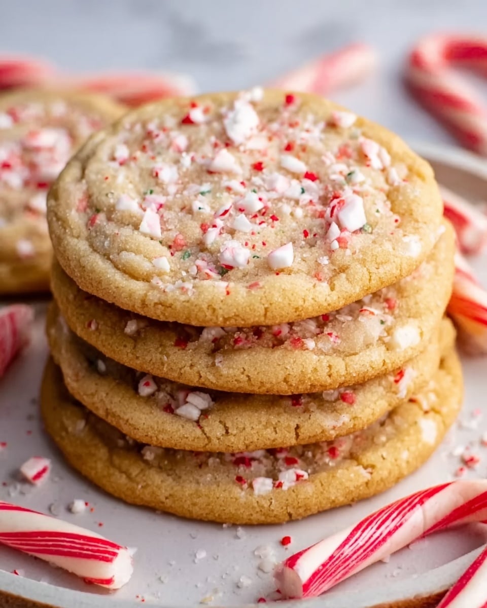 A stack of soft, golden brown cookies topped with crushed white and red peppermint pieces is shown on a white plate. The cookies have a slightly cracked surface with a chewy texture and are arranged in a neat pile of about five layers. Around the plate, there are whole peppermint sticks scattered on a white marbled surface. The lighting highlights the shiny sugar crystals and the festive colors of the peppermint. Photo taken with an iphone --ar 4:5 --v 7