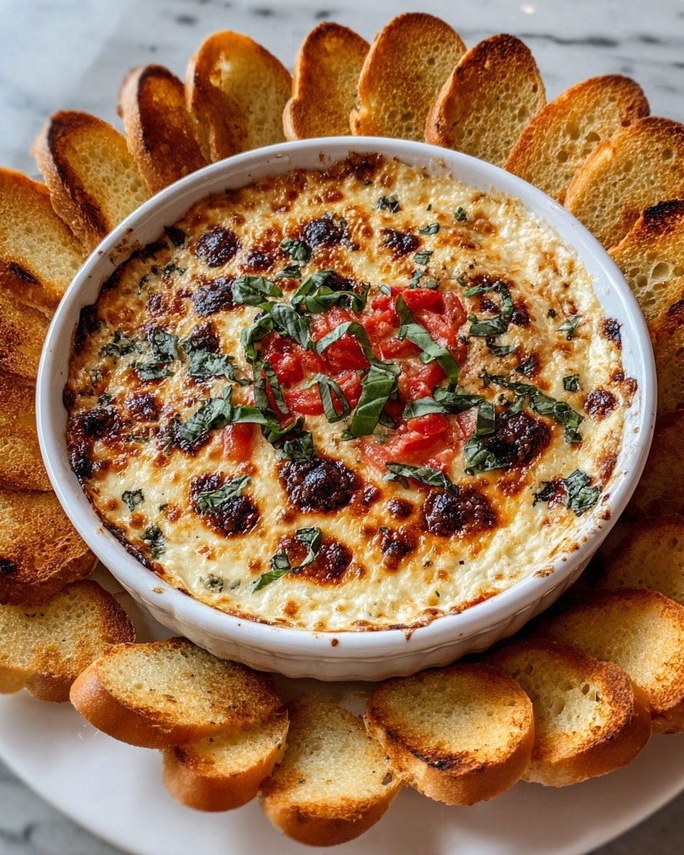 The image shows a round white ceramic dish filled with a baked dip that has a golden-brown, slightly bubbly top layer of melted cheese with some dark brown spots. The surface of the dip is garnished with small pieces of red diced tomatoes and green chopped basil scattered mostly in the center. Around the dish, toasted baguette slices form a ring, all evenly browned with a crisp texture. The dish sits on a white plate placed on a surface with a white marbled texture. photo taken with an iphone --ar 4:5 --v 7