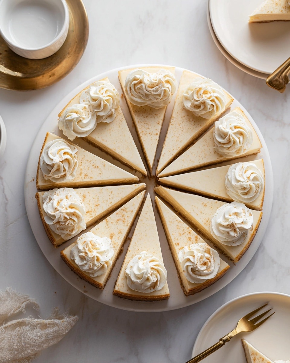 A round cream-colored cheesecake cut into twelve even slices, each topped with a swirl of white whipped cream sprinkled lightly with a fine dusting of light brown powder. The cheesecake has a firm, smooth texture and a golden-brown crust along the outer edge. The dessert sits on a white plate, which rests on a white marbled surface. Nearby, there is a white empty bowl, and part of a white plate with a slice of cheesecake and a gold fork visible in the top right corner. Photo taken with an iphone --ar 4:5 --v 7