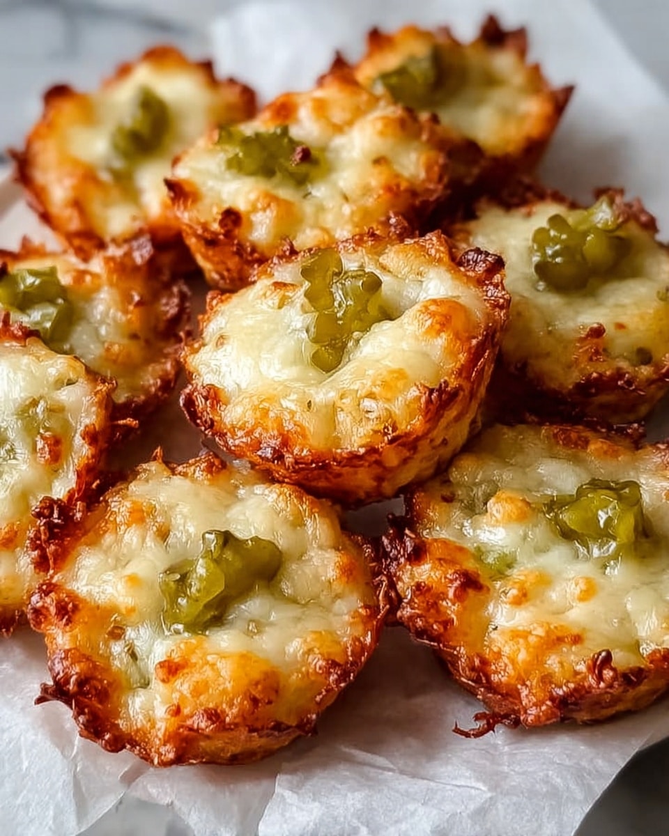 The image shows a close-up of eight small, round, crispy bites placed on white parchment paper over a white marbled surface. Each bite has a golden brown, textured crust that looks crunchy and slightly uneven with melted cheese on top. Small pieces of green pickles are scattered on the cheesy surface of each bite, adding a pop of color. The melted cheese has a smooth and slightly gooey texture, covering each bite unevenly with some edges more browned than others. Photo taken with an iphone --ar 4:5 --v 7