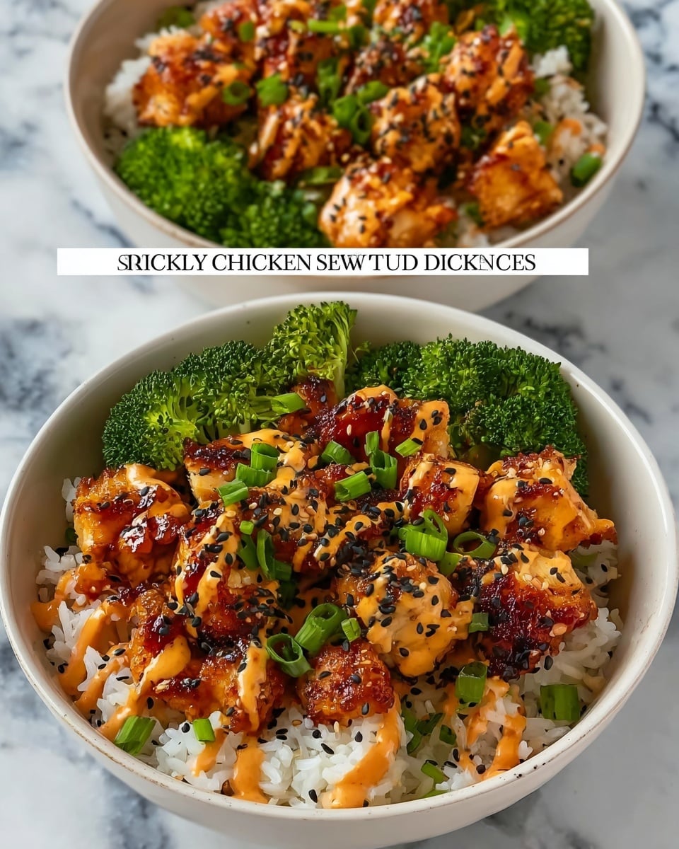 The image shows two white bowls filled with a base layer of fluffy white rice. On top of the rice, there are pieces of sticky chicken that are caramelized and dark golden brown with a slightly crispy texture. The chicken pieces are unevenly placed, covered with a bright orange drizzle of sauce. Fresh green broccoli florets line the side of the bowl, adding a vibrant contrast. The dish is garnished with chopped green onions and white and black sesame seeds scattered over the chicken and sauce. The bowls rest against a white marbled background. photo taken with an iphone --ar 4:5 --v 7