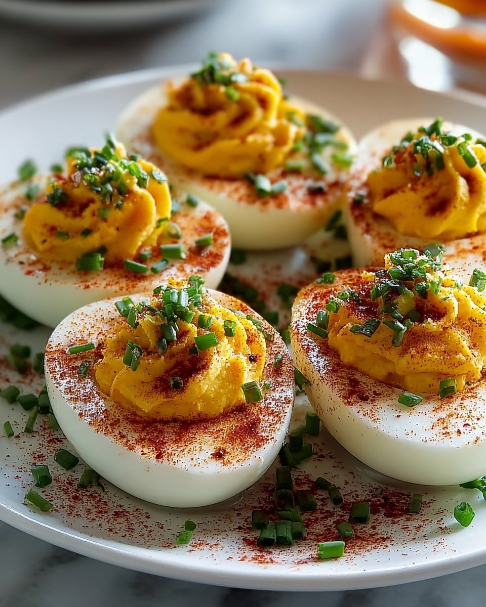 The image shows six deviled egg halves arranged tightly together on a white square plate placed on a white marbled surface. Each egg half has a smooth, white outer layer of cooked egg white, with a creamy, textured yellow-yellow mustard filling piped high in the center. The filling is dusted generously with bright red paprika, giving some dark burnt spots as if lightly grilled. On top of the filling, finely chopped green onions add a fresh green color, with some coarse white salt sprinkled unevenly for texture. Around the base of the eggs on the plate, there are some scattered green onion pieces and herb bits enhancing the presentation. The photo taken with an iphone --ar 4:5 --v 7