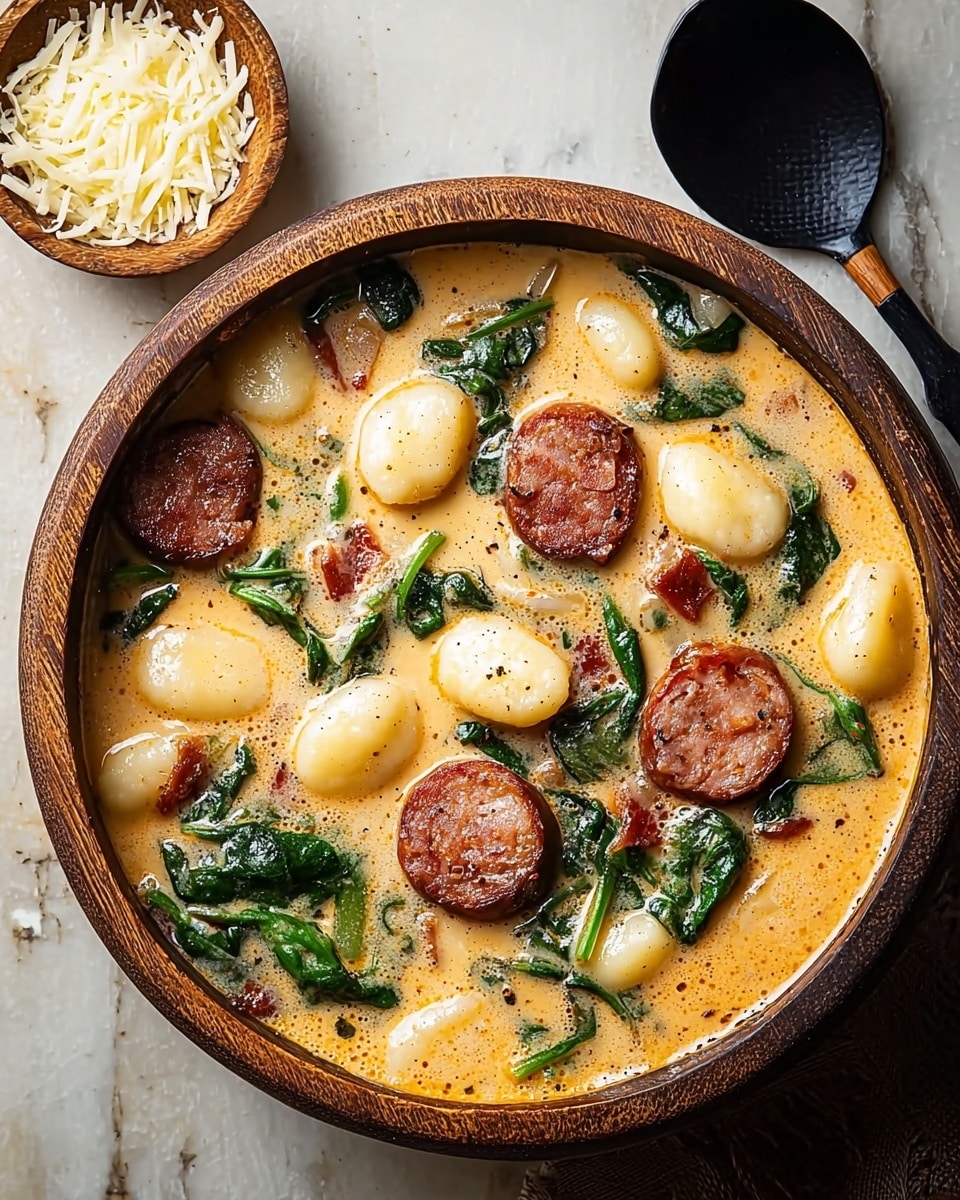 A round wooden bowl filled with creamy soup showing about three layers: at the base is a smooth, light orange broth with small bubbles on the surface; floating in the broth are plump, soft gnocchi pieces in pale yellow; sprinkled throughout are dark green spinach leaves, browned round sausage slices, and small crispy bacon bits, all spread evenly. The soup is lightly peppered with black specks. On the left side, there is a small wooden bowl filled with shredded pale yellow cheese, and a large dark spoon rests diagonally at the top right. The bowl is set on a dark wooden table with a folded dark cloth underneath. photo taken with an iphone --ar 4:5 --v 7