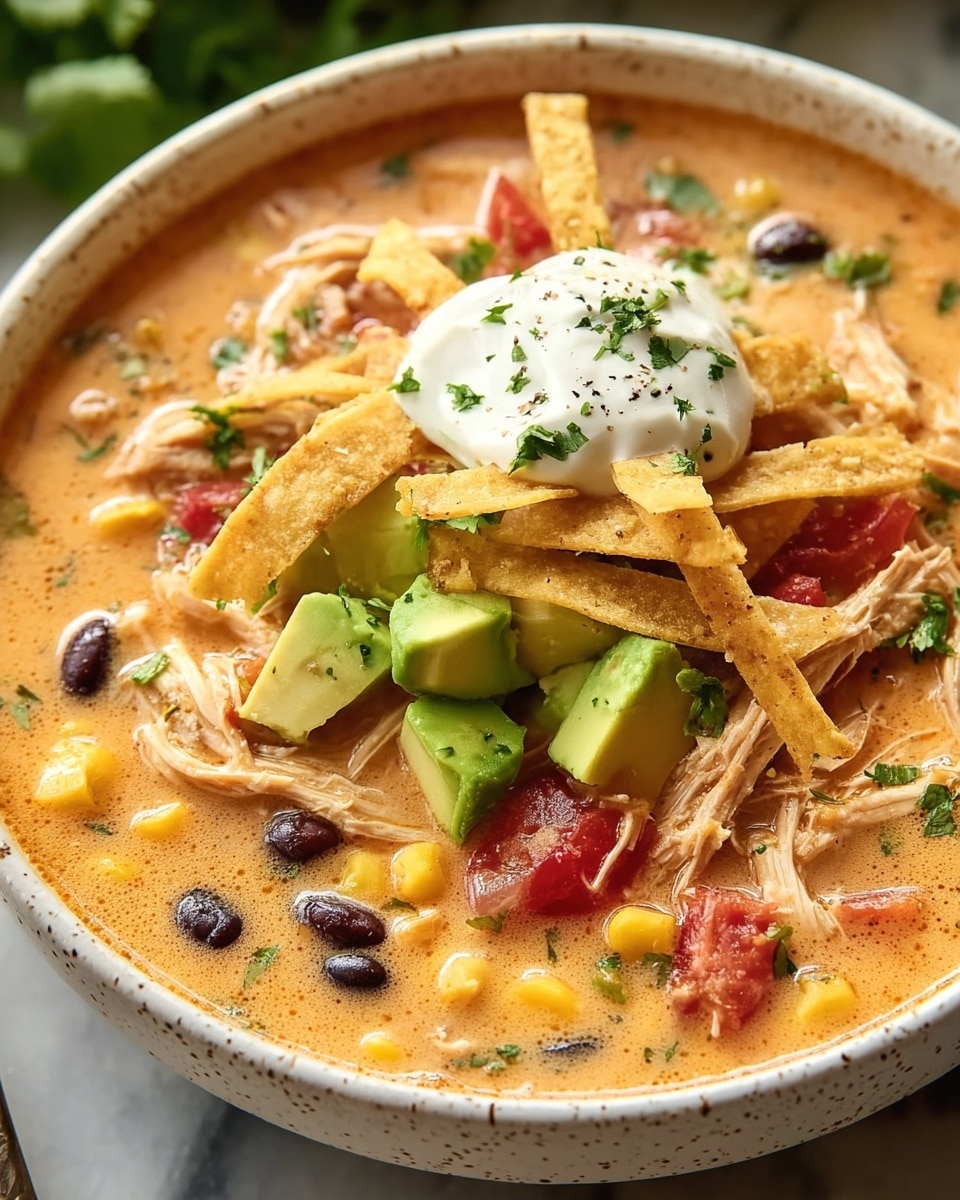 A deep bowl filled with creamy light orange soup showing shredded light brown chicken spread through it, dark red beans, bright yellow corn kernels, and small red tomato pieces. On top, there is a cluster of golden crispy tortilla strips arranged in the center, surrounded by green avocado chunks and a dollop of white sour cream with a light sprinkling of black pepper and small green herb pieces. The bowl is placed on a white marbled surface with lime wedges nearby. photo taken with an iphone --ar 4:5 --v 7