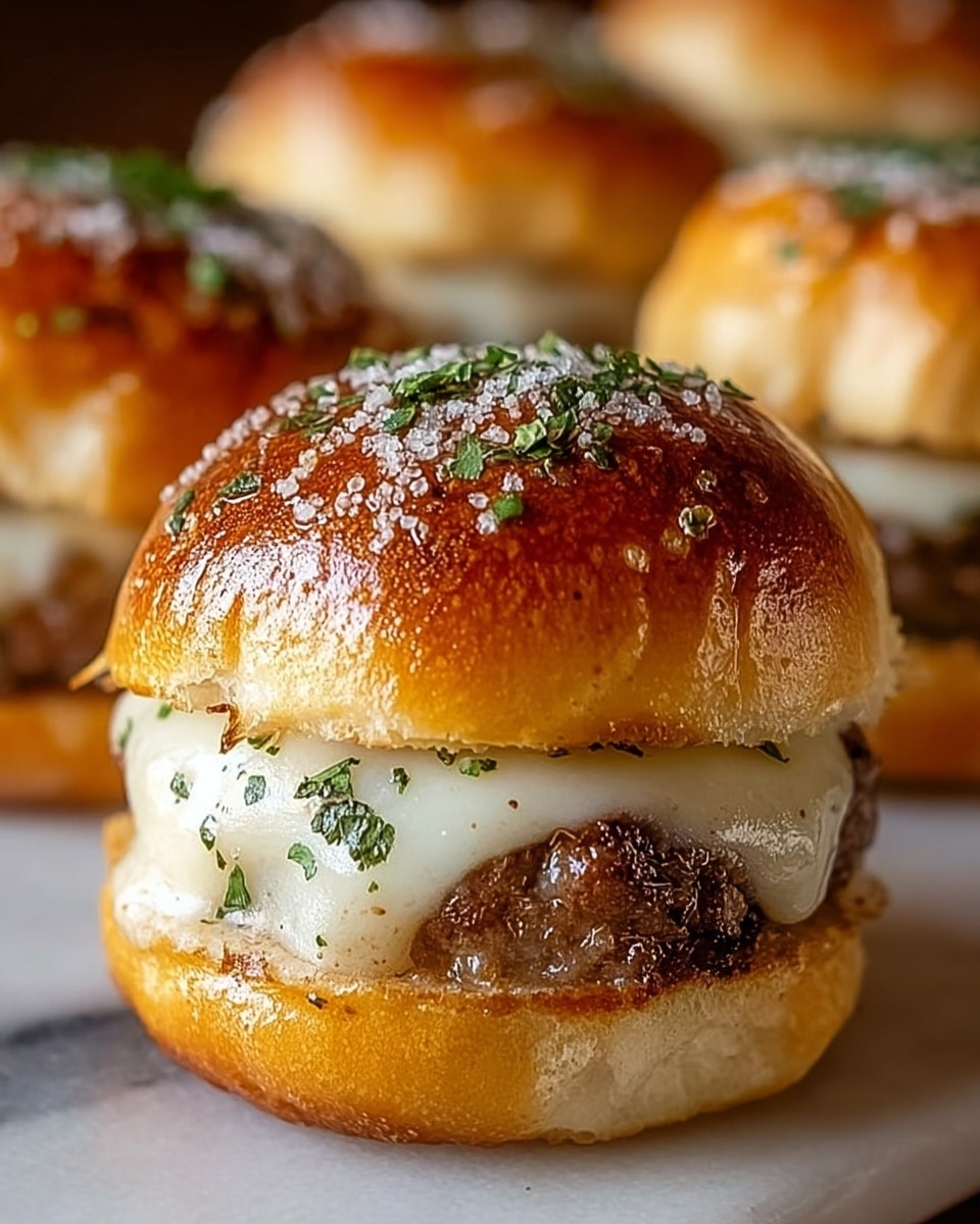 The image shows a close-up of a small sandwich with three layers: a golden-brown top bun sprinkled with coarse salt and chopped green herbs, a middle layer of melted white cheese covering a browned, juicy meat patty, and a soft, light-colored bottom bun. The sandwich looks warm and fresh with herbs scattered over the cheese and around it, placed on a white marbled surface. In the background, there are more similar sandwiches blurred slightly to keep focus on the front one. photo taken with an iphone --ar 4:5 --v 7