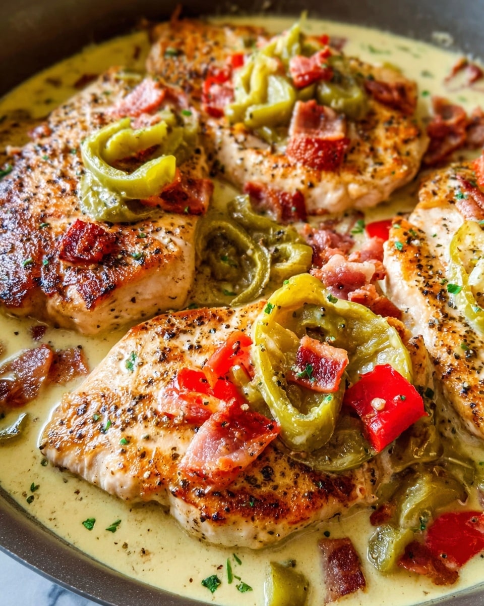 The dish shows several pieces of golden-brown, seared chicken breast with a slightly crispy texture, each topped with slices of red and green pepper. These are sitting in a creamy light yellow sauce that covers the bottom of the pan. Small bits of bacon and herbs like thyme are scattered around, adding color and texture. The overall look is rich and colorful with the peppers giving bright pops of red and green against the creamy sauce and browned chicken, all set on a white marbled surface. photo taken with an iphone --ar 4:5 --v 7