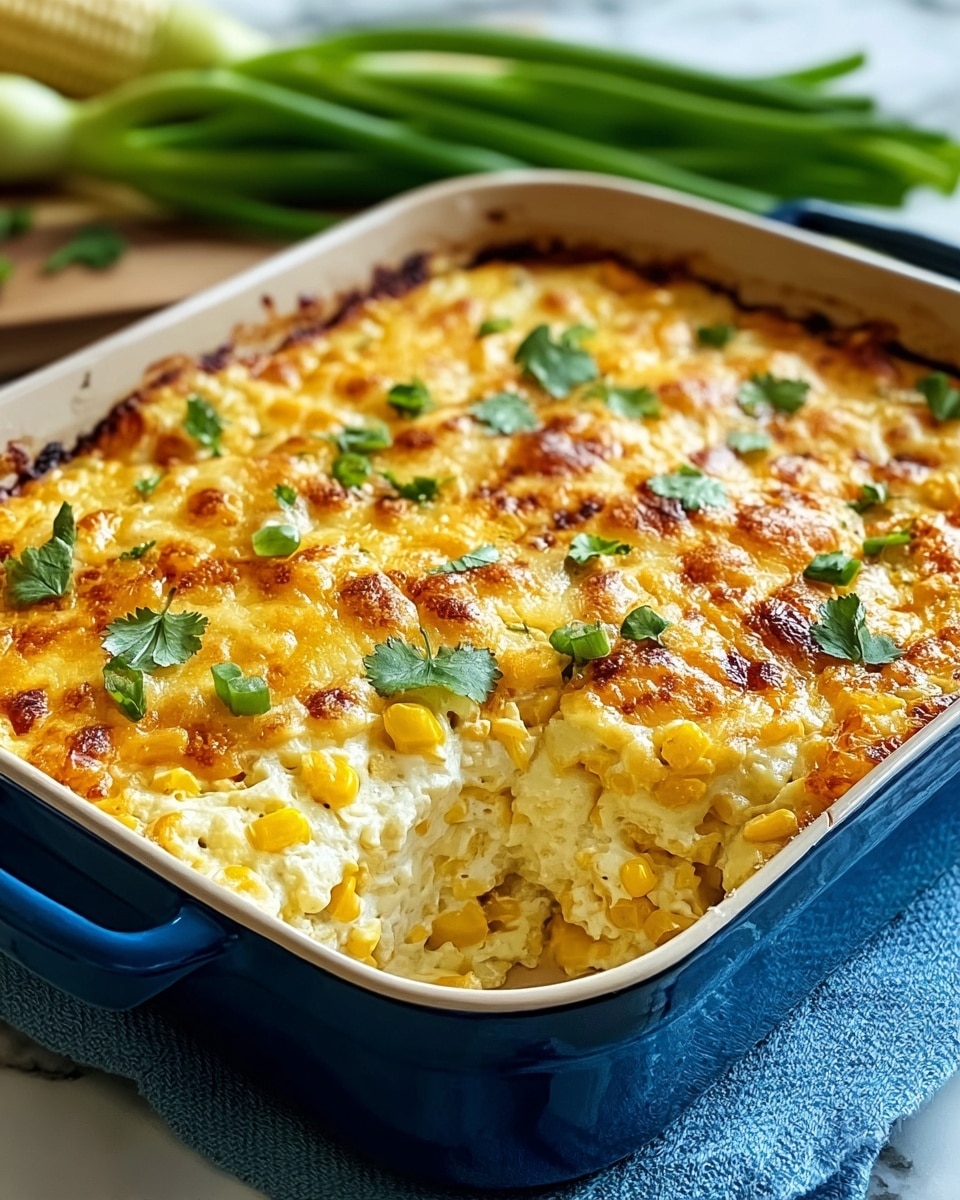A blue baking dish filled with a creamy corn casserole, showing three main layers: the bottom layer is a thick mixture of soft cream cheese and yellow corn kernels, the middle layer is a slightly firmer creamy corn blend with visible corn pieces, and the top layer is a golden-browned melted cheese crust with light toasted spots and scattered green cilantro leaves for garnish. The baking dish sits on a blue cloth on a white marbled surface, with green onions blurred in the background. Photo taken with an iphone --ar 4:5 --v 7