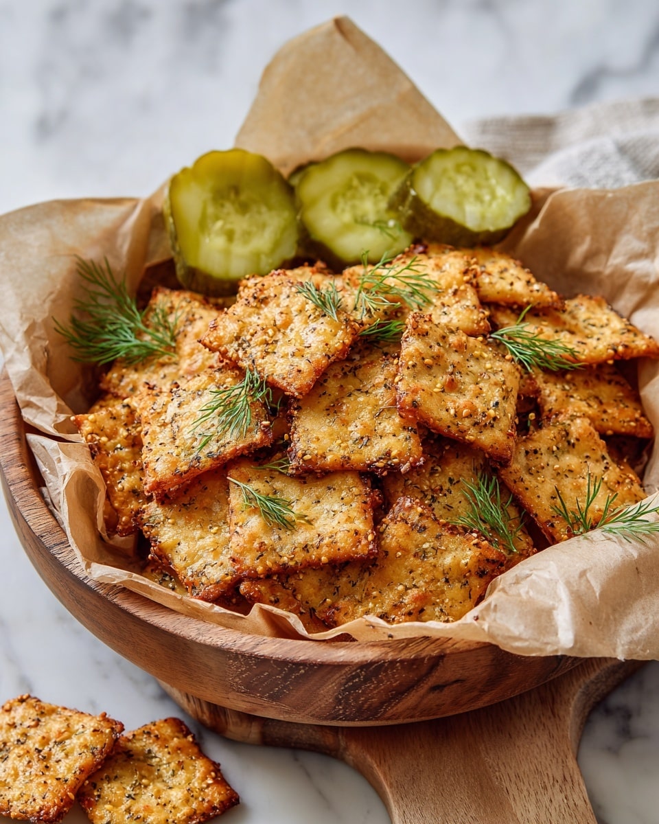 A wooden bowl lined with brown parchment paper is filled with two layers of golden brown, square-shaped crackers speckled with herbs and seeds, giving them a rough texture. Scattered fresh green dill sprigs add a touch of color on the crackers. Near the top edge of the bowl, three slices of glossy pale green pickles rest against the crackers. Outside the bowl, on a wooden board atop a white marbled surface, are a few more pickle slices and a single cracker. Photo taken with an iphone --ar 4:5 --v 7