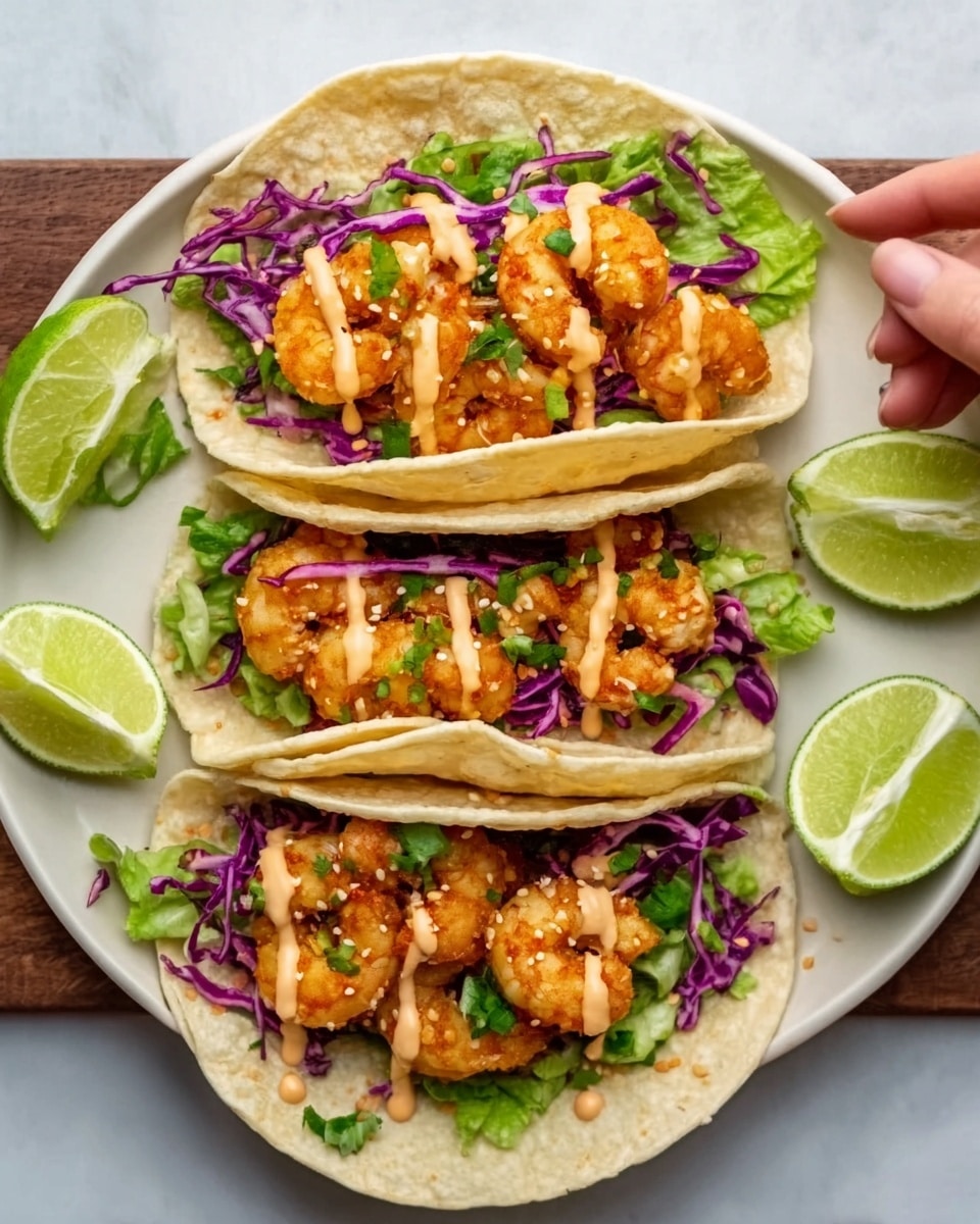 Three white soft tacos are stacked side by side on a white marbled surface. Each taco contains a base layer of purple shredded cabbage topped with bright green leafy lettuce. On top of the greens are several golden-brown fried shrimp with a crispy texture. Drizzled over the shrimp is a creamy light orange sauce. A wedge of lime is placed next to the tacos, adding a fresh contrast. Photo taken with an iphone --ar 4:5 --v 7