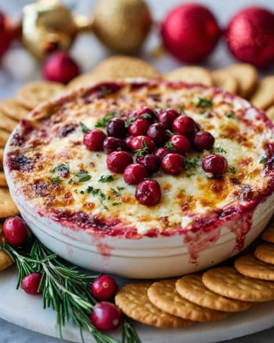 The image shows a white round dish filled with a layered cranberry dip. The bottom layer is bright red cranberry sauce with a smooth texture. On top, there is a thick layer of melted white cheese with lightly browned spots and some bubbly areas. Bright red whole cranberries are scattered on the cheese, adding color and texture. Small bits of green herbs are sprinkled on top for contrast. Around the dish, there are golden round crackers and some fresh cranberries on a white marbled surface, with a soft holiday decoration blurred in the background. Photo taken with an iphone --ar 4:5 --v 7