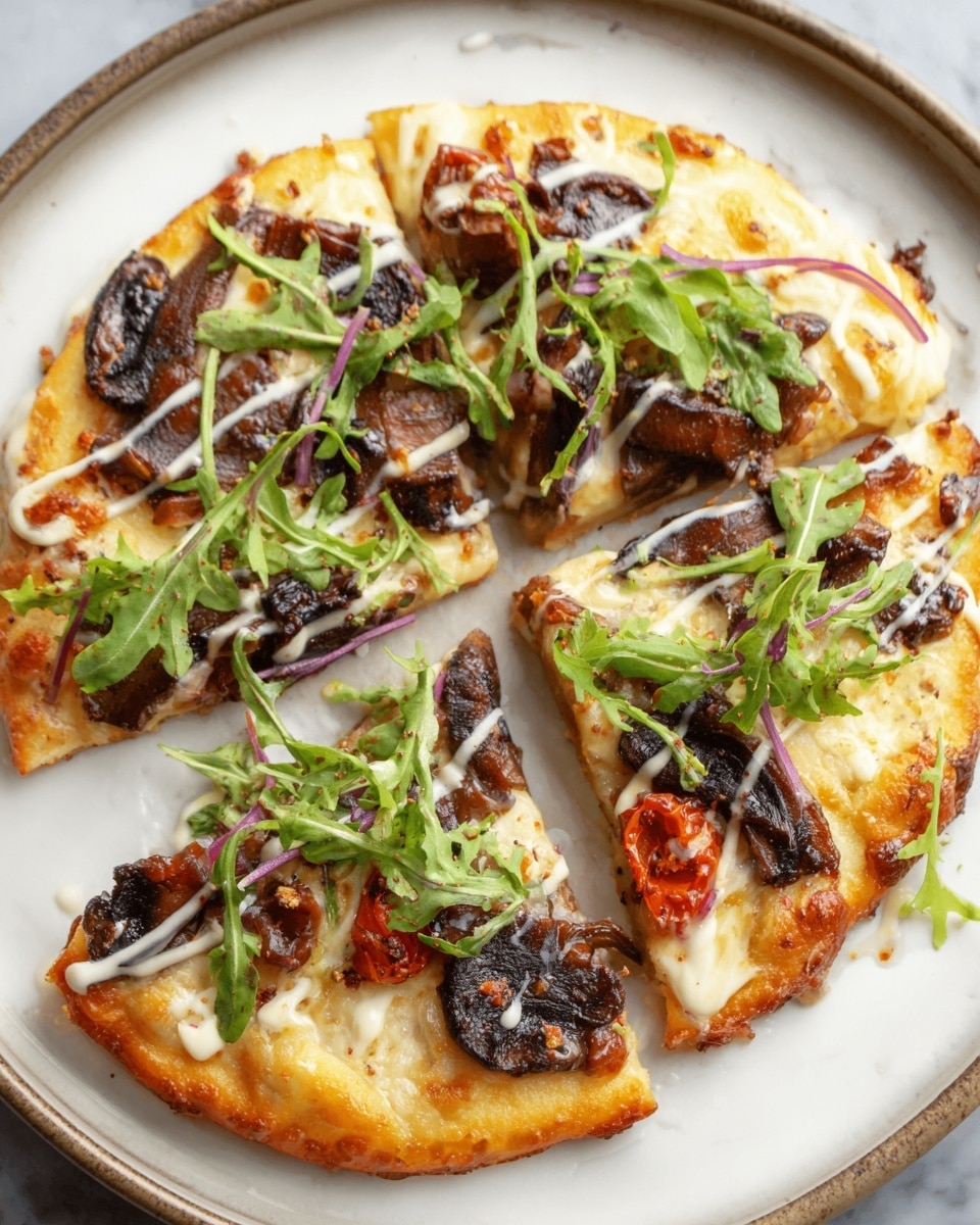 A round pizza cut into six slices sits on a white marbled surface, with one slice being lifted by a woman’s hand from the lower right. The pizza has a thin golden crust with a slightly crispy edge, topped generously with dark, tender beef pieces scattered evenly across its surface. There are dollops of creamy white sauce drizzled loosely over the meat and pizza, with small bright green arugula leaves adding a fresh touch on top. A few small reddish-orange tomato pieces peek through the toppings, and a thin layer of melted cheese stretches between the lifted slice and the rest of the pizza. photo taken with an iphone --ar 4:5 --v 7
