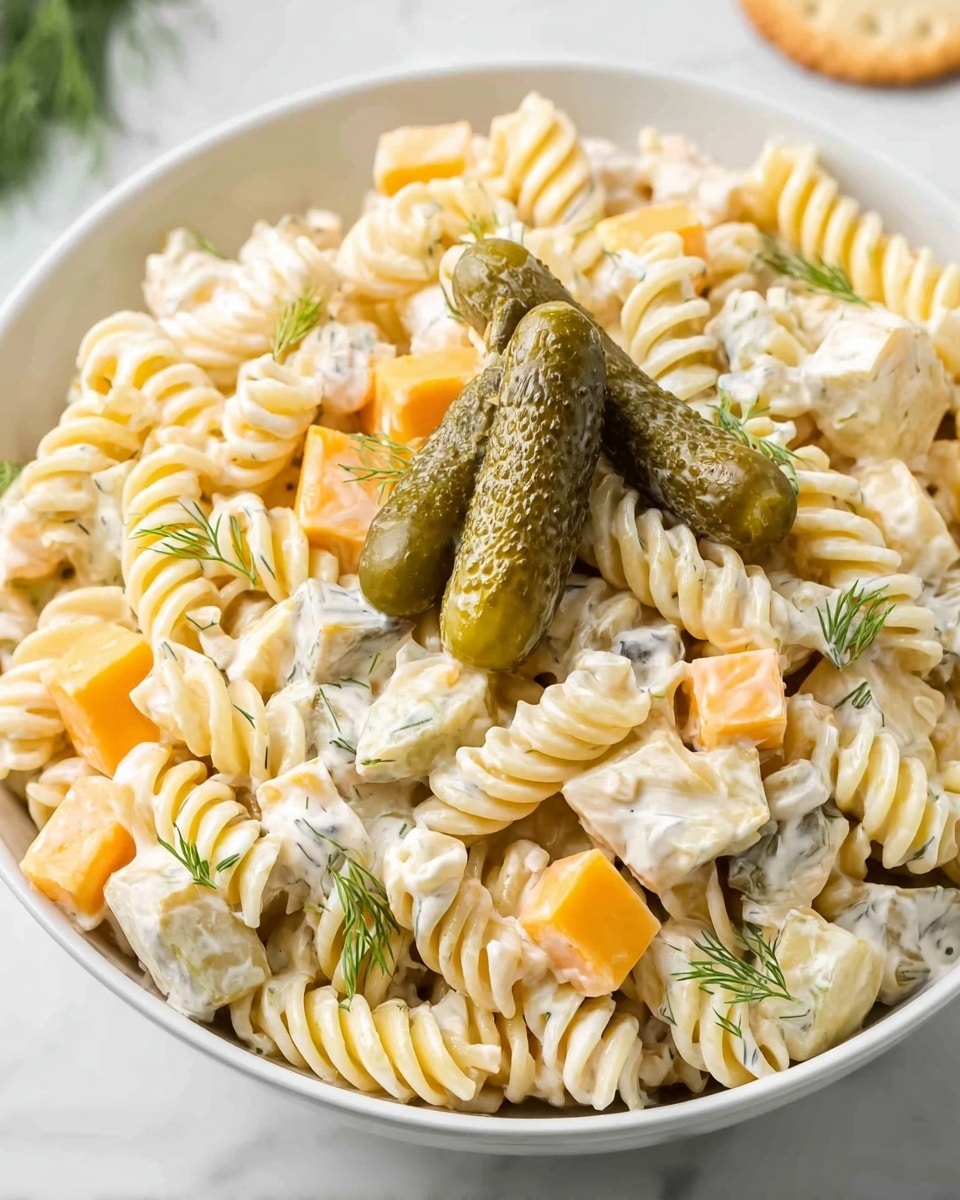 A close-up view of a white bowl filled with rotini pasta salad mixed with small green pickle pieces and orange cheese cubes, with some fresh green dill sprigs scattered throughout; the creamy sauce coats the pasta giving it a smooth texture, and two whole pickles rest on top in the center as a garnish; all set against a white marbled surface. photo taken with an iphone --ar 4:5 --v 7