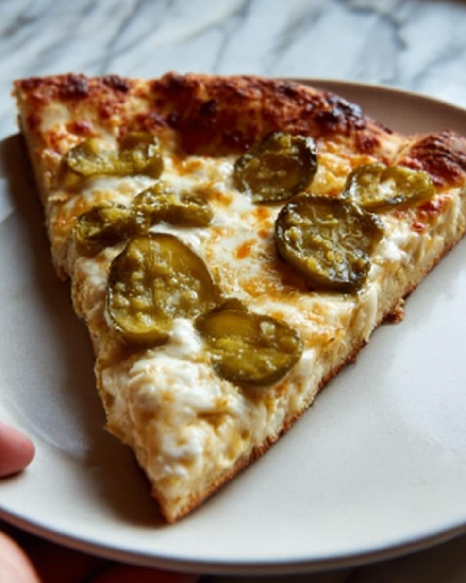 A close-up view of a pizza slice on a white plate, showing one thick golden-brown crust layer around the edge. The pizza is topped with a light layer of melted white cheese that appears stretchy and slightly browned in spots, covered by scattered slices of green pickles that add a bumpy texture. The surface beneath the plate has a white marbled texture. A woman’s hand is partly visible holding the plate on the left side. Photo taken with an iphone --ar 4:5 --v 7