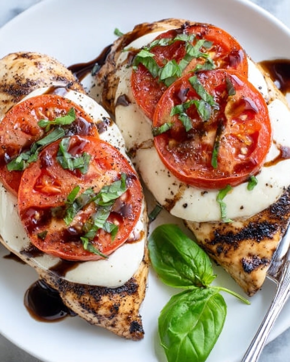Two grilled chicken breasts sit on a white plate with a white marbled background. Each chicken piece is topped with a thick layer of soft white mozzarella cheese. On top of the cheese, there is one large round slice of bright red tomato, garnished with small pieces of fresh green basil. A dark brown balsamic glaze is drizzled over the tomato, cheese, and chicken, creating a glossy texture. A silver fork lies on the right side of the plate and a fresh green basil leaf rests on the left. photo taken with an iphone --ar 4:5 --v 7