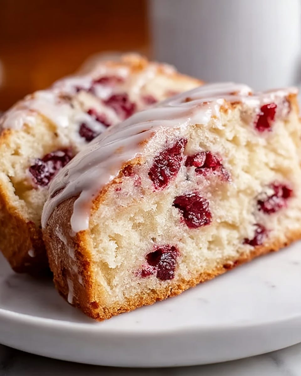 A close-up of two triangular slices of a soft, fluffy cake with a light golden-brown crust, placed on a white plate. The inside of the cake is pale with a moist texture, showing dark red cherries embedded throughout each slice. On top, a smooth, white icing glaze gently covers the surface, slightly dripping down the sides, adding a shiny finish. The background features a soft, white marbled surface, with blurred neutral colors in the distance. Photo taken with an iphone --ar 4:5 --v 7