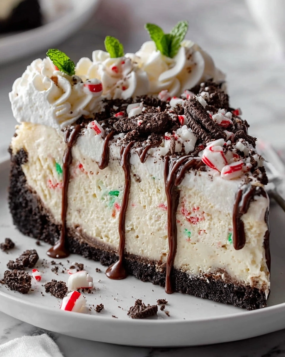 A slice of layered dessert on a white plate shows a dark, crumbly chocolate crust as the bottom layer, topped by a thick, creamy white filling with small red bits inside. The top layer is decorated with white whipped cream swirls, sprinkled with crushed candy canes and chocolate cookie crumbs. Dark chocolate sauce drips over the edges, adding shine and contrast. Small green mint leaves sit on the whipped cream, giving a fresh touch. The plate rests on a white marbled surface, and a woman's hand is holding the dessert gently near the back. Photo taken with an iphone --ar 4:5 --v 7