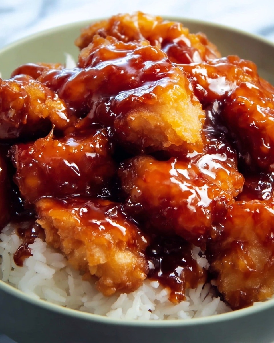 A white bowl filled with fluffy white rice as the bottom layer, topped with multiple pieces of golden-brown, crispy battered chicken coated thickly in a shiny, rich reddish-brown sauce that looks sticky and glossy. The chicken pieces sit closely together, layered over the rice, with the saucy glaze dripping slightly between the pieces. The background shows a white marbled texture, giving a clean, bright look. photo taken with an iphone --ar 4:5 --v 7