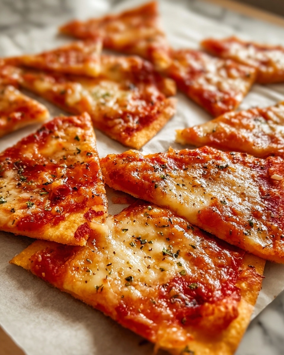 The image shows several small, thin triangular slices of crispy pizza arranged on a brown parchment paper over a white marbled surface. Each slice has one layer of bright red tomato sauce topped with a smooth melted layer of golden, bubbly cheese with some darker browned spots, sprinkled lightly with dried herbs. The crisp edges of the crust are golden brown and thin, showing a slight crunch texture. The pizza slices are placed close together, some slightly overlapping. Photo taken with an iphone --ar 4:5 --v 7