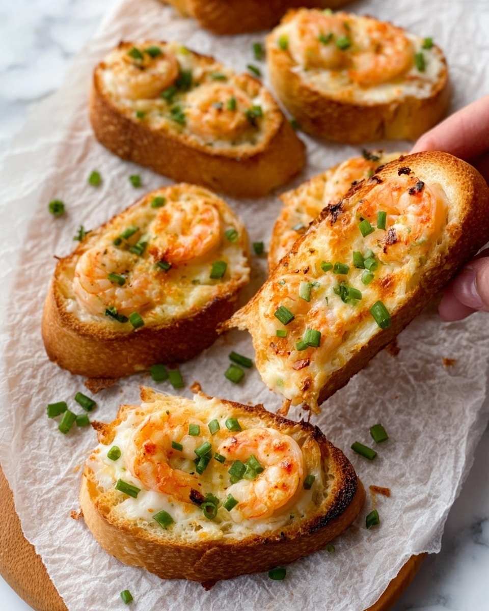 Four pieces of toasted bread sit on a wooden board lined with parchment paper, each topped with a layer of melted cheese, golden grilled shrimp, and sprinkled with chopped green onions. The toasted bread is light brown with a soft, slightly porous texture. The shrimp are orange with some black grill marks and glisten with a light sauce. The melted cheese under the shrimp looks creamy and slightly browned on the edges. Small green onion pieces add a fresh green color over each piece of bread. This scene is set on a white marbled surface. photo taken with an iphone --ar 4:5 --v 7