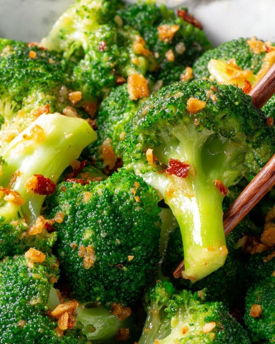 The image shows a close-up of bright green broccoli florets cooked with small pieces of golden brown garlic and reddish-brown bits that might be crispy bacon or nuts, all mixed together. The broccoli looks tender and shiny with a light sauce coating, and the texture of the florets is clear with small, tight buds on top. The pieces of garlic and bacon or nuts are scattered evenly among the broccoli, adding a crunchy and savory contrast. The background is a white marbled texture. photo taken with an iphone --ar 4:5 --v 7