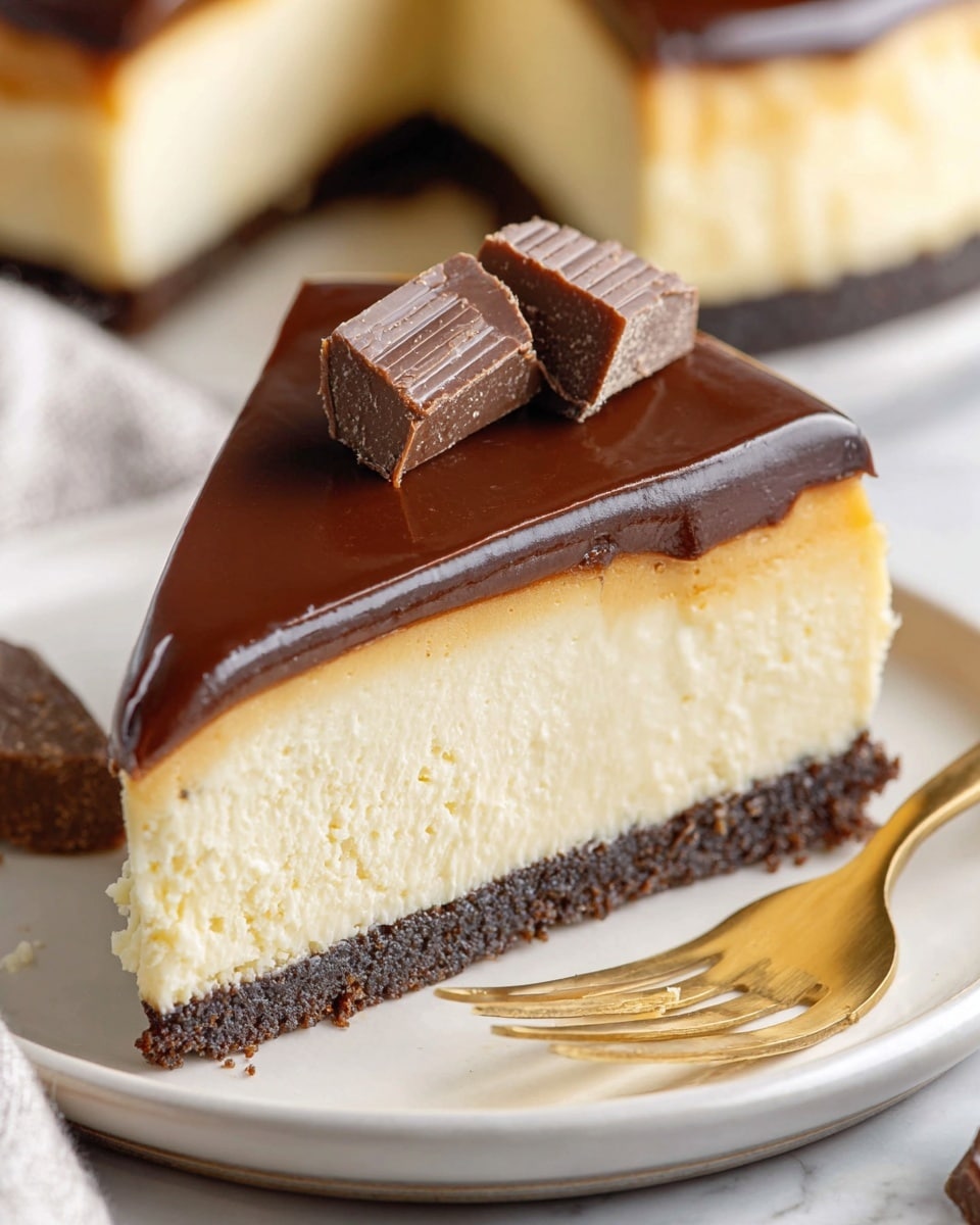 A slice of cheesecake with three visible layers on a white plate with specks and a white marbled surface underneath; the bottom layer is a dense dark brown crust, the thick middle layer is creamy pale yellow with a smooth texture, and the top layer is a glossy dark chocolate glaze that reflects light, topped with two geometric pieces of chocolate. A gold fork lies next to the cheesecake slice. Photo taken with an iphone --ar 4:5 --v 7
