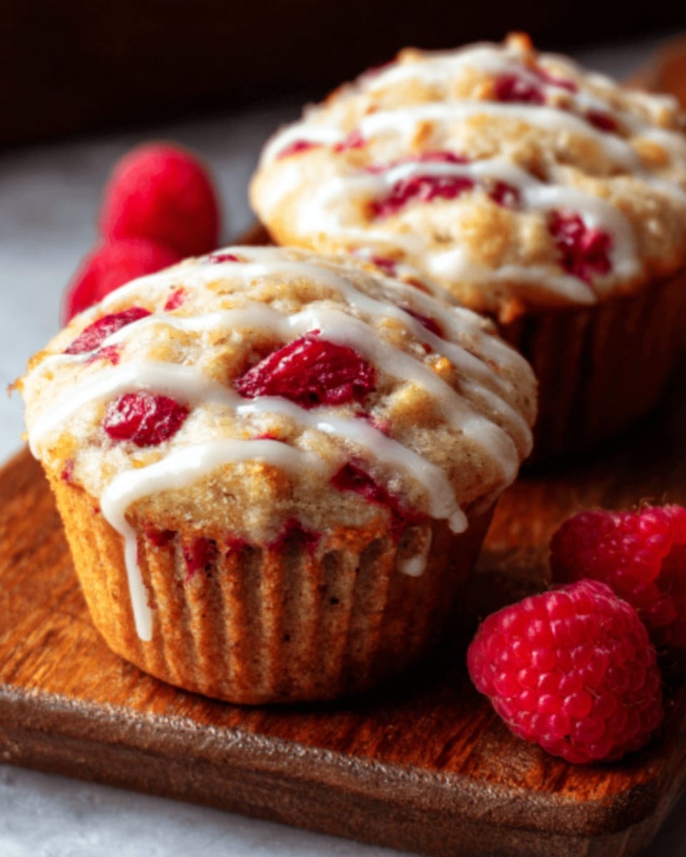Two golden brown muffins sit on a wooden board with fresh strawberries scattered around them. The muffins have a textured top, showing bits of red strawberry pieces baked into the crumb, and a drizzle of creamy white icing across the top. The lighting highlights the soft, moist inside of the muffins visible through cracks, giving them a fresh, homemade look. The background is a white marbled surface. Photo taken with an iphone --ar 4:5 --v 7