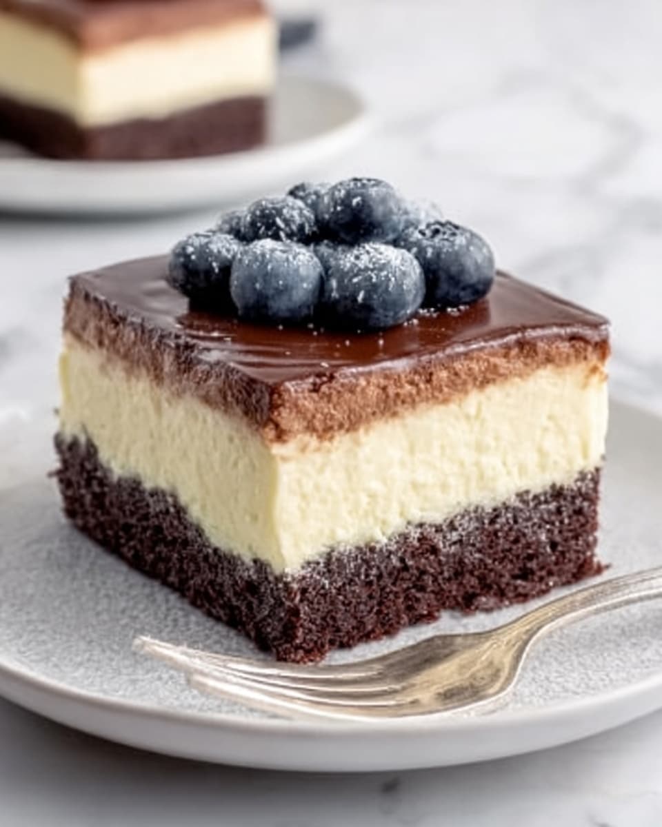 The image shows a square layered dessert on a white plate placed on a white marbled surface. The bottom layer is dark brown and looks like a moist chocolate cake. Above that is a thick, creamy pale yellow layer that appears soft and smooth. On top is a thin, glossy chocolate layer with a slightly shiny texture. A small pile of fresh blueberries sits in the center on top of the chocolate layer. A fork lies next to the dessert on the plate. Photo taken with an iphone --ar 4:5 --v 7