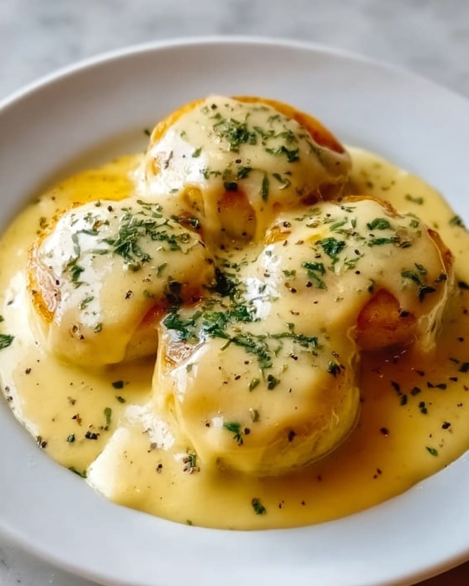 The image shows a white plate with five pieces of golden-brown scallops covered in a creamy, thick light yellow sauce. The sauce is smooth and covers the top and sides of each scallop, dripping slightly onto the plate. Small green herbs are sprinkled over the scallops and sauce, adding fine texture and color contrast. The plate rests on a white marbled surface. photo taken with an iphone --ar 4:5 --v 7