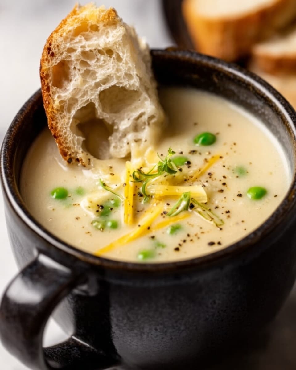 A close-up image of a black cup filled with creamy light beige soup, topped with shredded yellow cheese and small green peas scattered on the surface. A slice of crusty bread with a golden-brown crust is being dipped into the soup by a woman’s hand, showing the bread soaking up the creamy texture. The cup is sitting on a white marbled surface, with soft natural light highlighting the creamy and smooth texture of the soup. Photo taken with an iphone --ar 4:5 --v 7